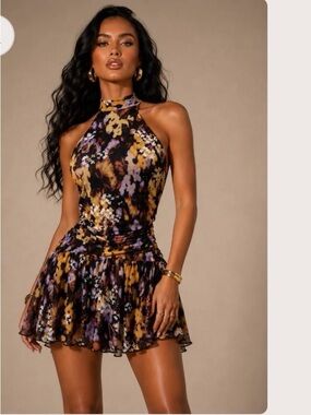 Bear Dance Halter Mini Dress in Black, Gold and Purple Floral